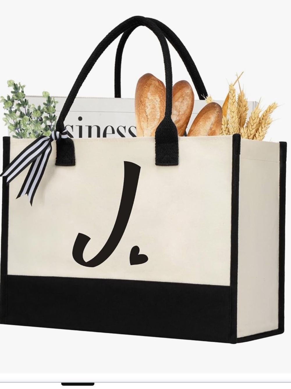 Personalized Canvas Tote Bag - Cream & Black “J”